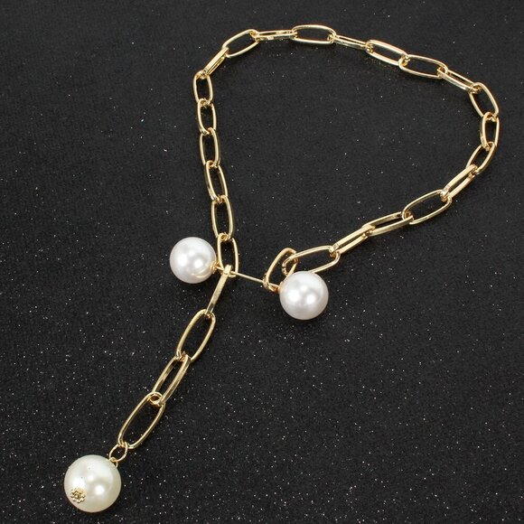 NEW Laurie Gold Link Pearl Lariat Statement Necklace - Picture 3 of 5